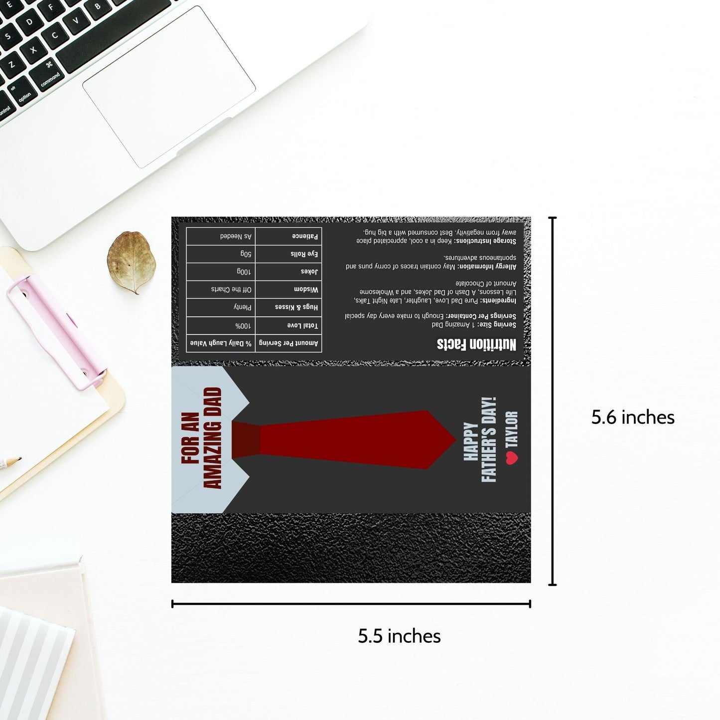 Sophisticated necktie-themed Fathers Day chocolate bar wrapper in shades of red and dark gray with the text For an Amazing Dad - Happy Fathers Day! - Taylor β€οΈ