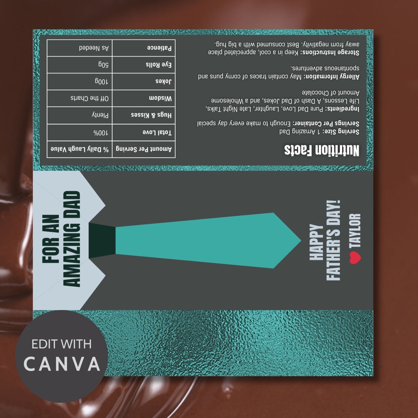 Sophisticated necktie-themed Fathers Day chocolate bar wrapper in shades of green and gray with the text For an Amazing Dad - Happy Fathers Day! - Taylor β€οΈ