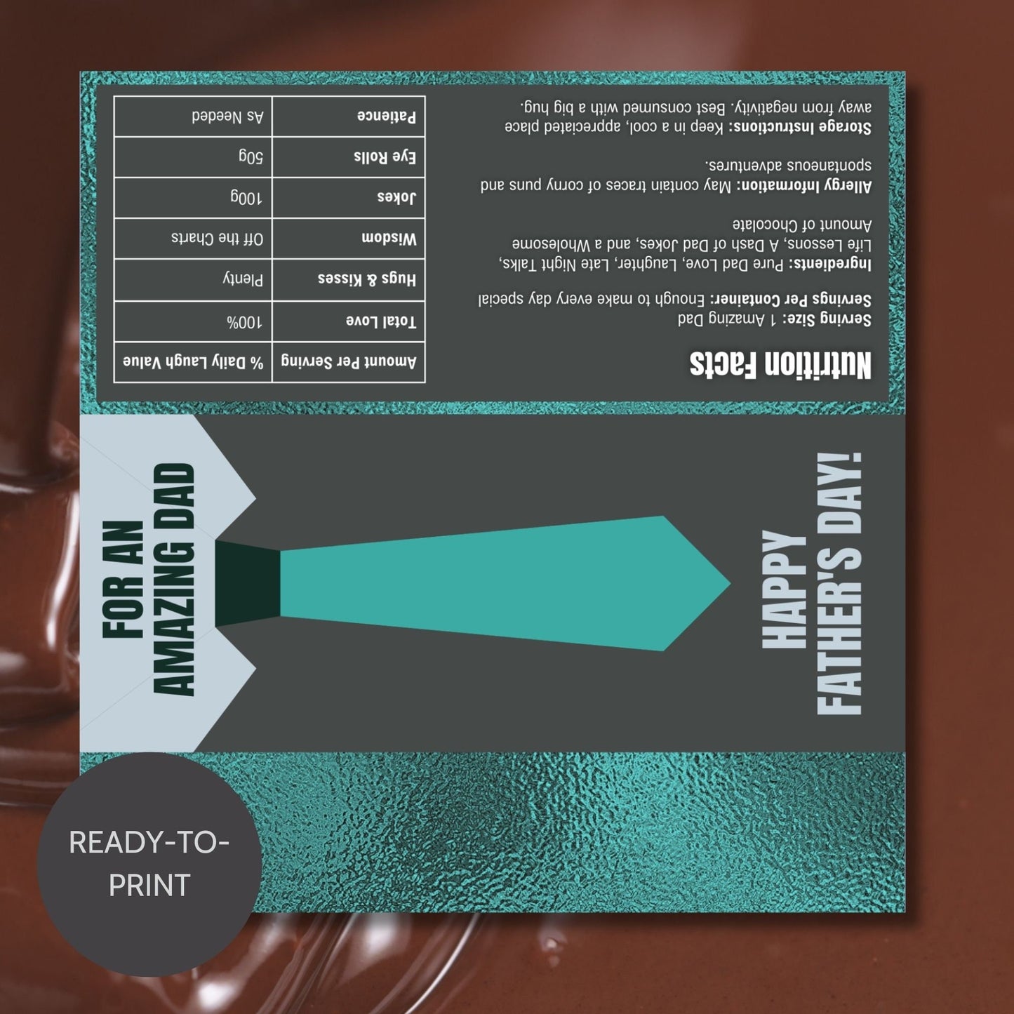 Sophisticated necktie-themed Fathers Day chocolate bar wrapper in shades of green and gray with the text For an Amazing Dad - Happy Fathers Day! - Taylor β€οΈ