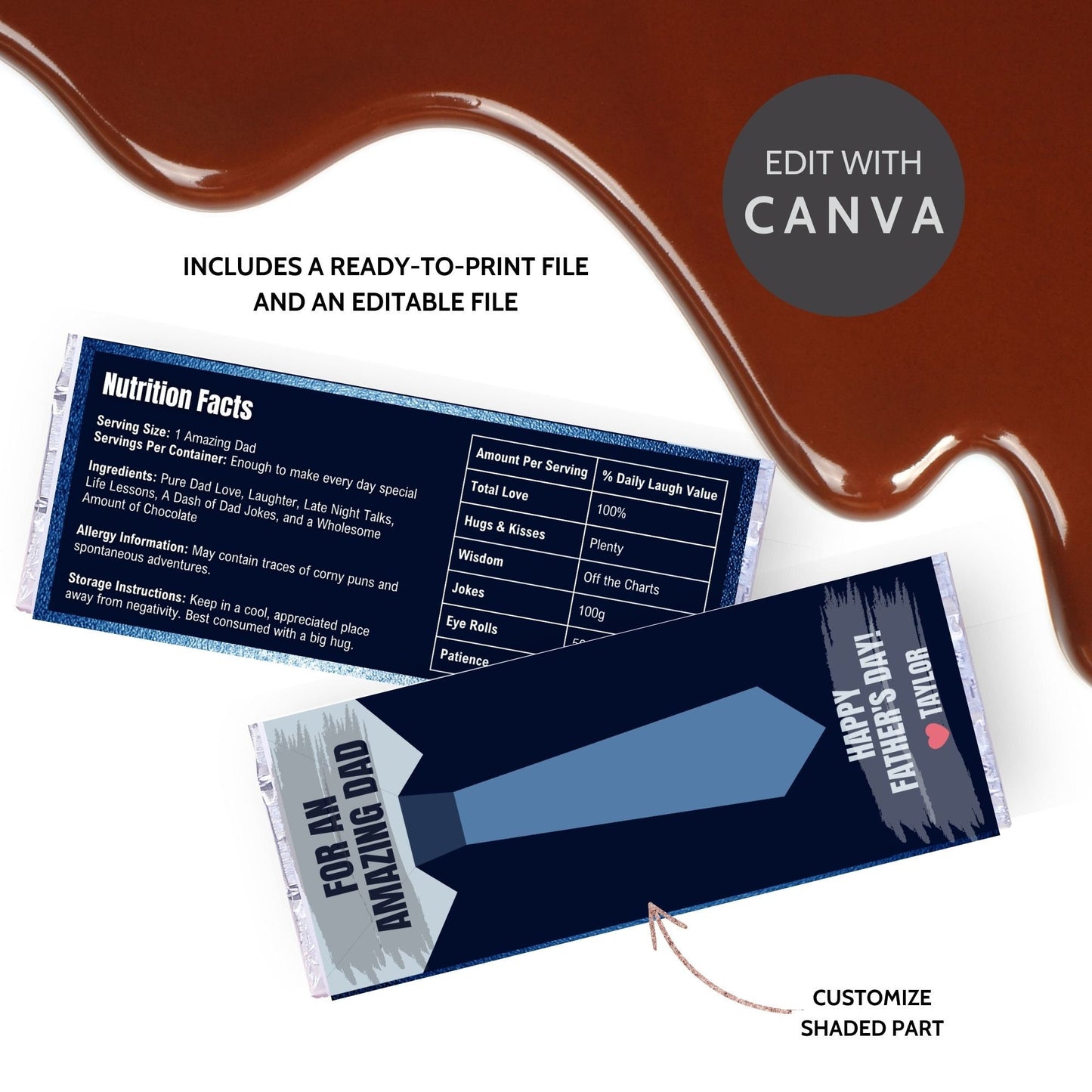 Sophisticated necktie-themed Fathers Day chocolate bar wrapper in shades of blue with the text For an Amazing Dad - Happy Fathers Day! - Taylor β€οΈ