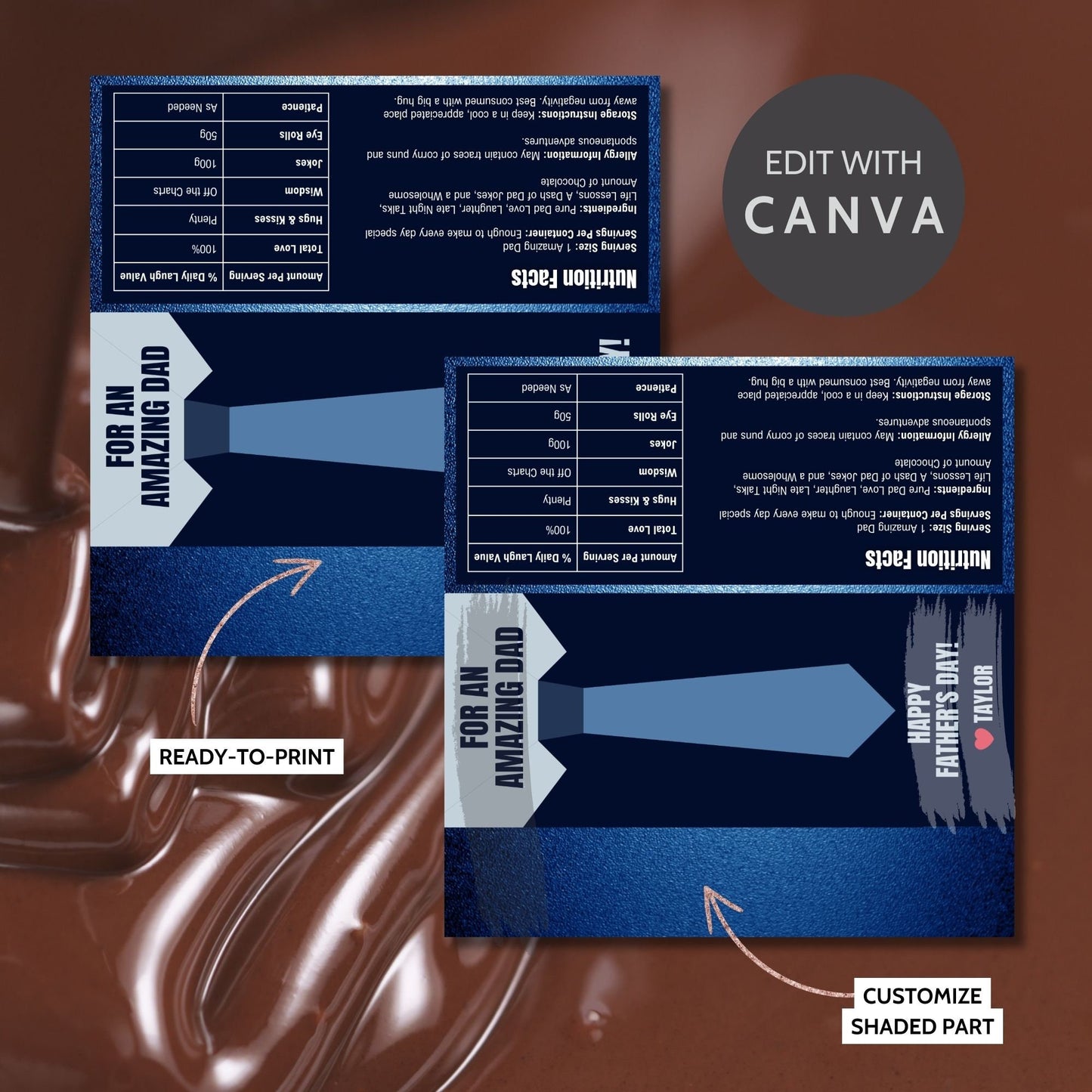 Sophisticated necktie-themed Fathers Day chocolate bar wrapper in shades of blue with the text For an Amazing Dad - Happy Fathers Day! - Taylor β€οΈ