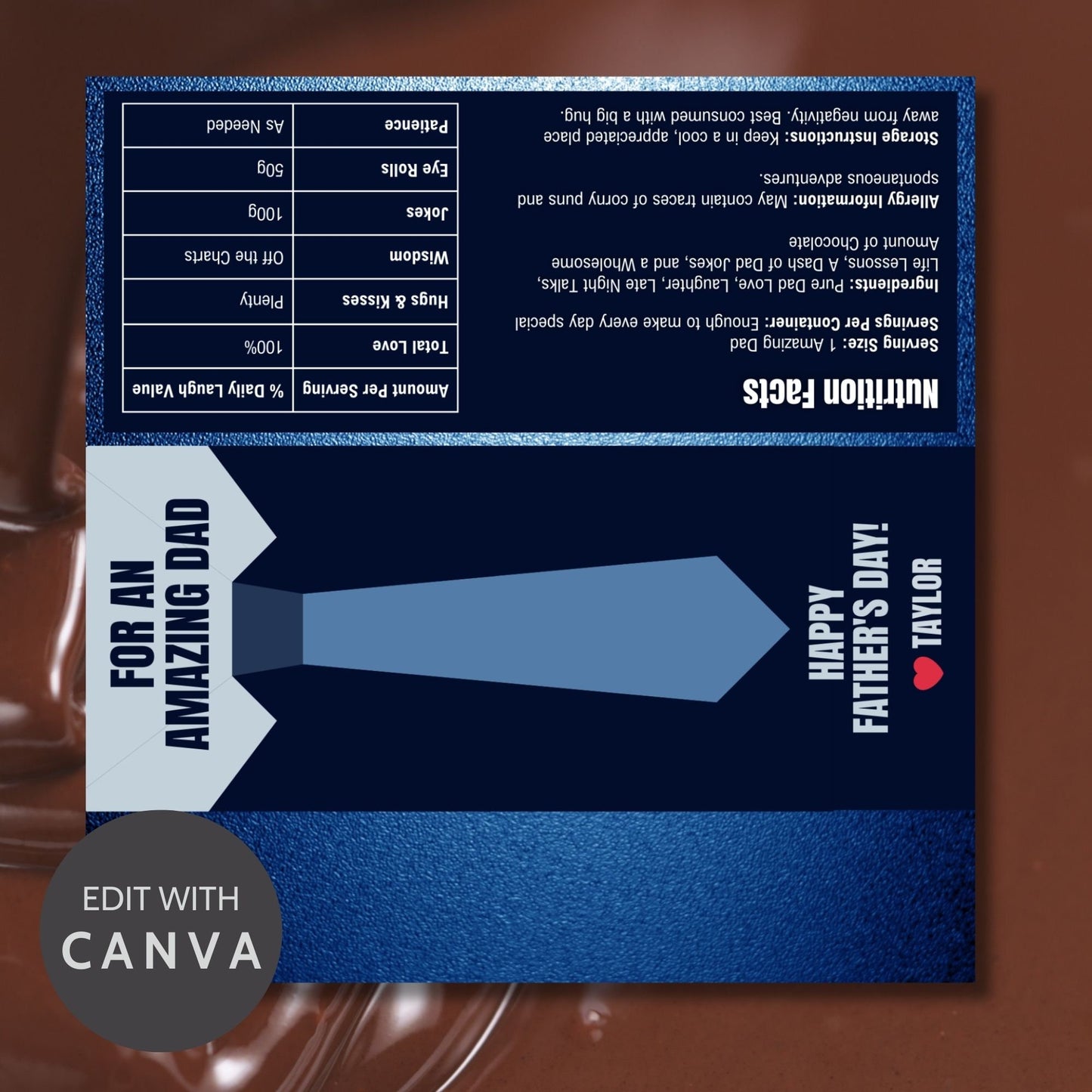 Sophisticated necktie-themed Fathers Day chocolate bar wrapper in shades of blue with the text For an Amazing Dad - Happy Fathers Day! - Taylor β€οΈ