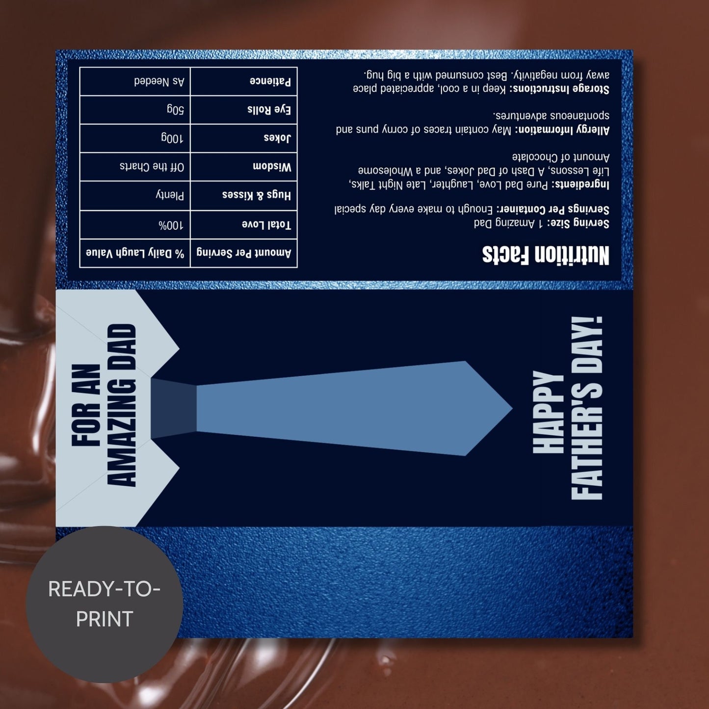Sophisticated necktie-themed Fathers Day chocolate bar wrapper in shades of blue with the text For an Amazing Dad - Happy Fathers Day! - Taylor β€οΈ
