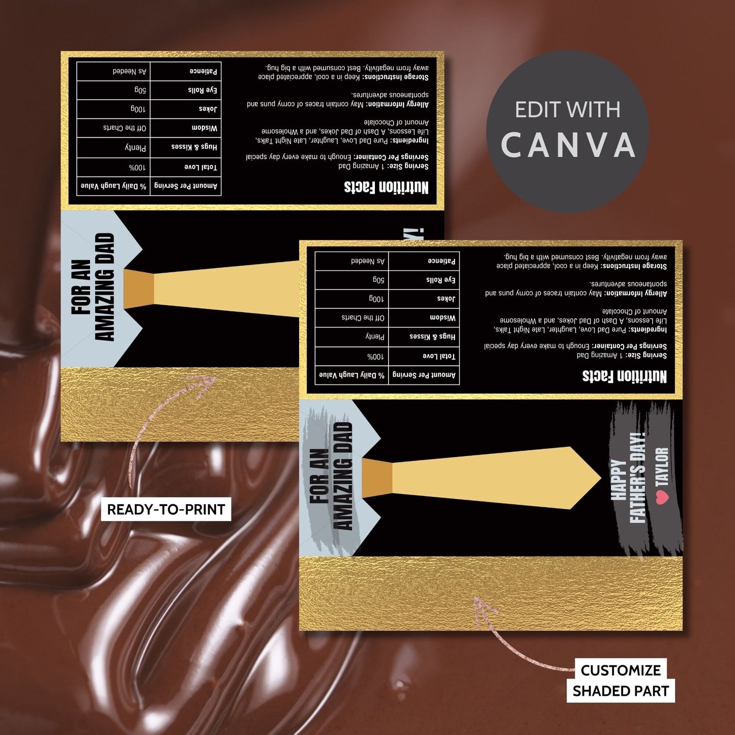 Sophisticated necktie-themed Fathers Day chocolate bar wrapper in shades of gold and black with the text For an Amazing Dad - Happy Fathers Day! - Taylor β€οΈ