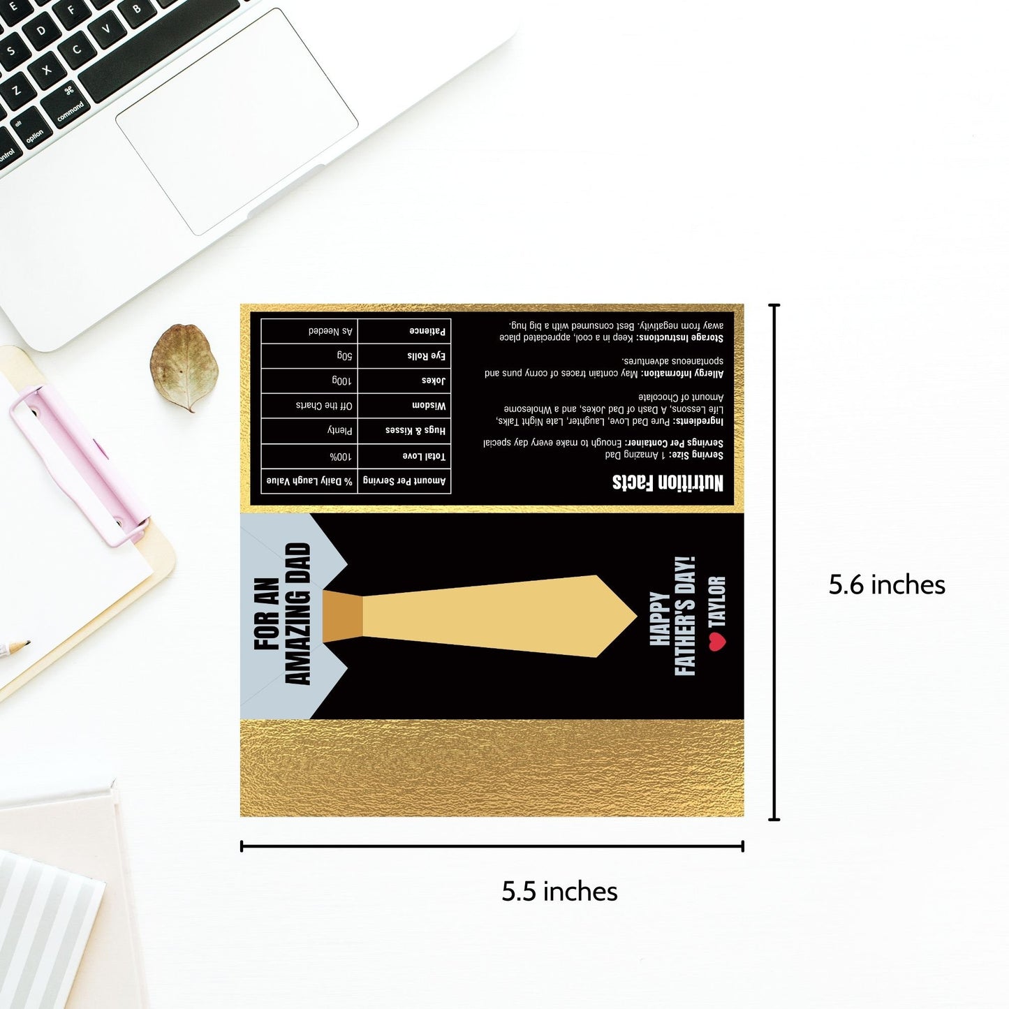 Sophisticated necktie-themed Fathers Day chocolate bar wrapper in shades of gold and black with the text For an Amazing Dad - Happy Fathers Day! - Taylor β€οΈ