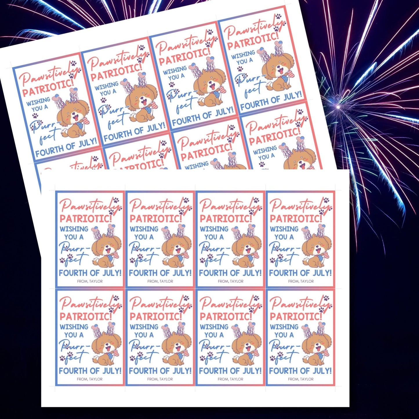 Festive 4th of July printable gift tags featuring patriotic colors, a cute dog with fireworks, and the message Pawsitively Patriotic! Wishing You a Purrfect Fourth of July! Perfect for party favors and gifts.
