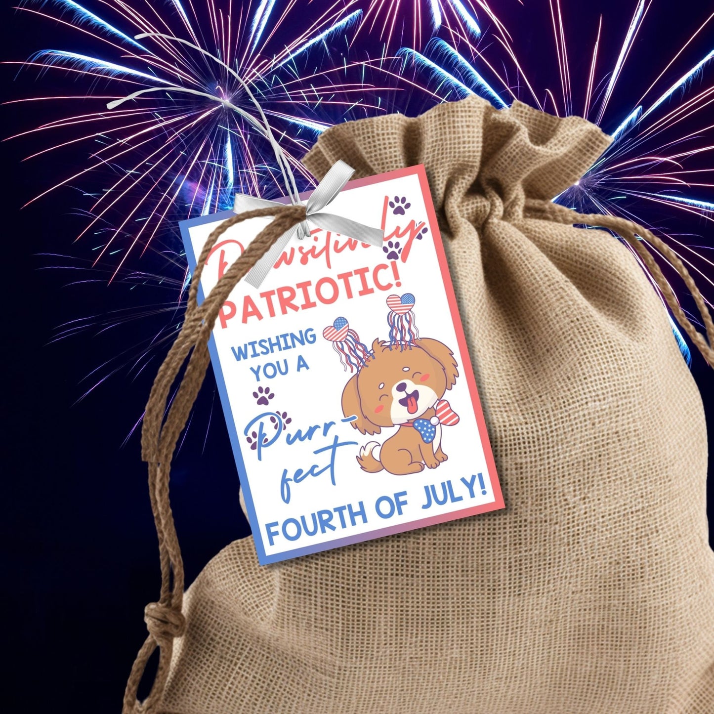 Festive 4th of July printable gift tags featuring patriotic colors, a cute dog with fireworks, and the message Pawsitively Patriotic! Wishing You a Purrfect Fourth of July! Perfect for party favors and gifts.