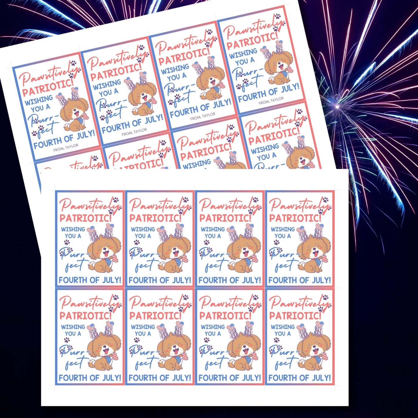 Festive 4th of July printable gift tags featuring patriotic colors, a cute dog with fireworks, and the message Pawsitively Patriotic! Wishing You a Purrfect Fourth of July! Perfect for party favors and gifts.