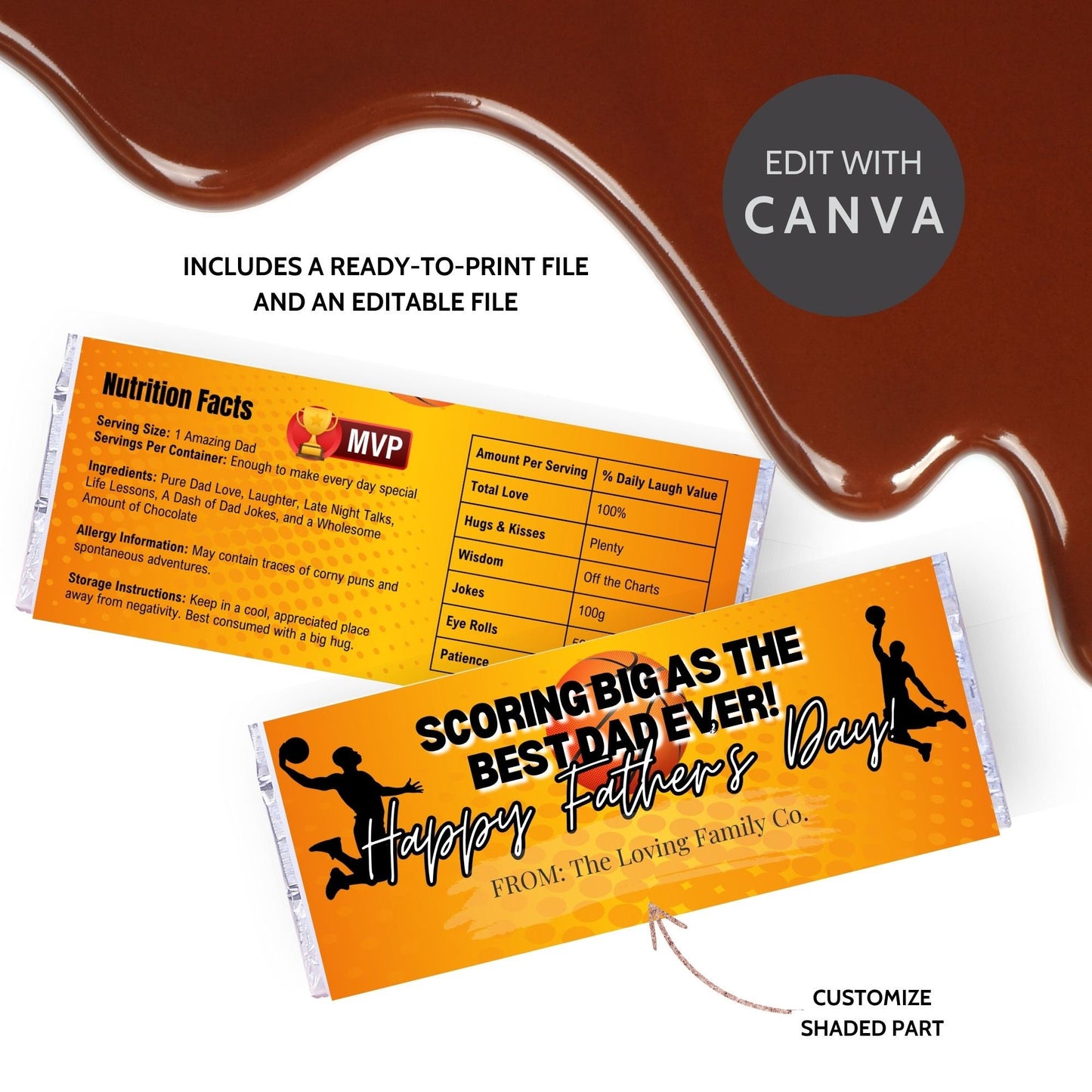 Orange and black basketball-themed Fathers Day chocolate bar wrapper featuring a basketball player silhouette with the text Scoring Big as the Best Dad Ever! Happy Father's Day! from the Loving Family Co.