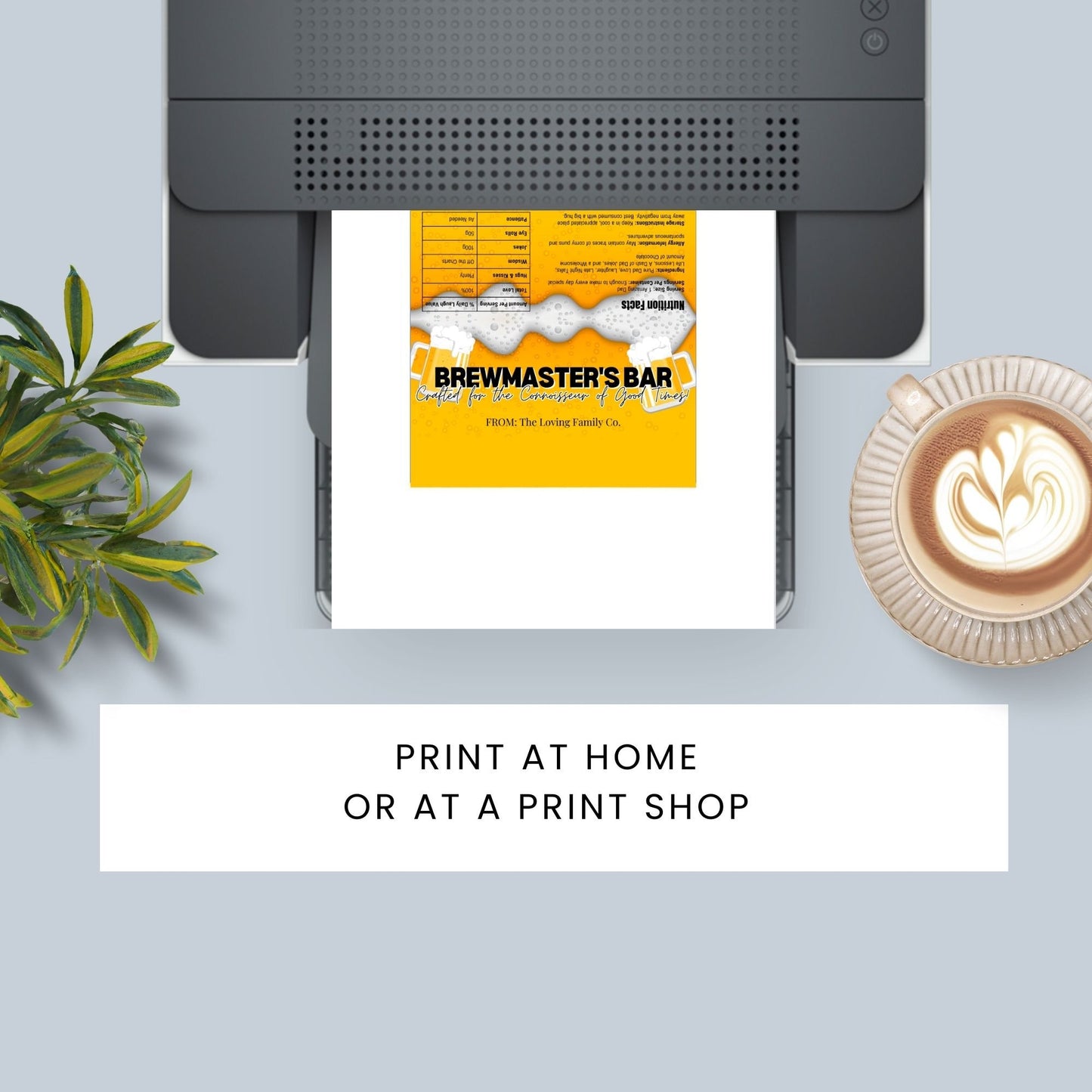 Image of a printable Fathers Day chocolate bar wrapper, themed as a beer glass with foam, titled BREWMASTERS BAR, on a vibrant yellow background.