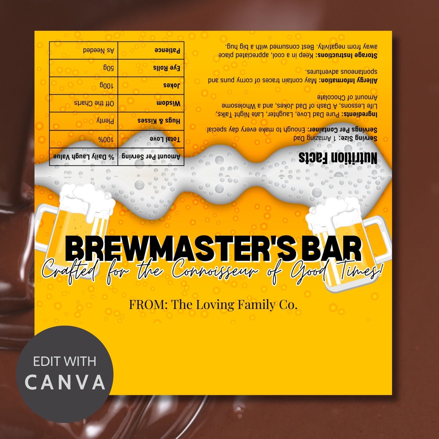 Image of a printable Fathers Day chocolate bar wrapper, themed as a beer glass with foam, titled BREWMASTERS BAR, on a vibrant yellow background.