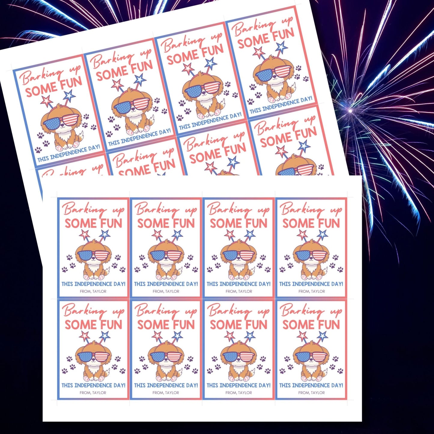 Festive 4th of July printable gift tags featuring patriotic colors, a cute dog with star glasses, and the message Barking Up Some Fun This Independence Day! Perfect for party favors and gifts.