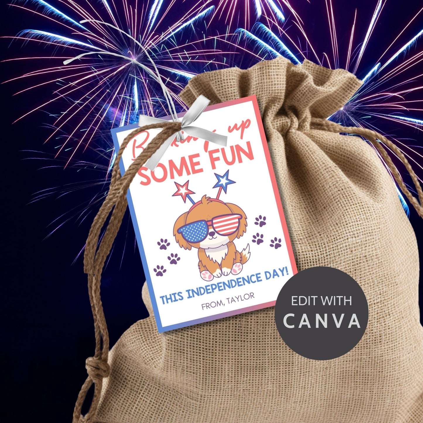 Festive 4th of July printable gift tags featuring patriotic colors, a cute dog with star glasses, and the message Barking Up Some Fun This Independence Day! Perfect for party favors and gifts.