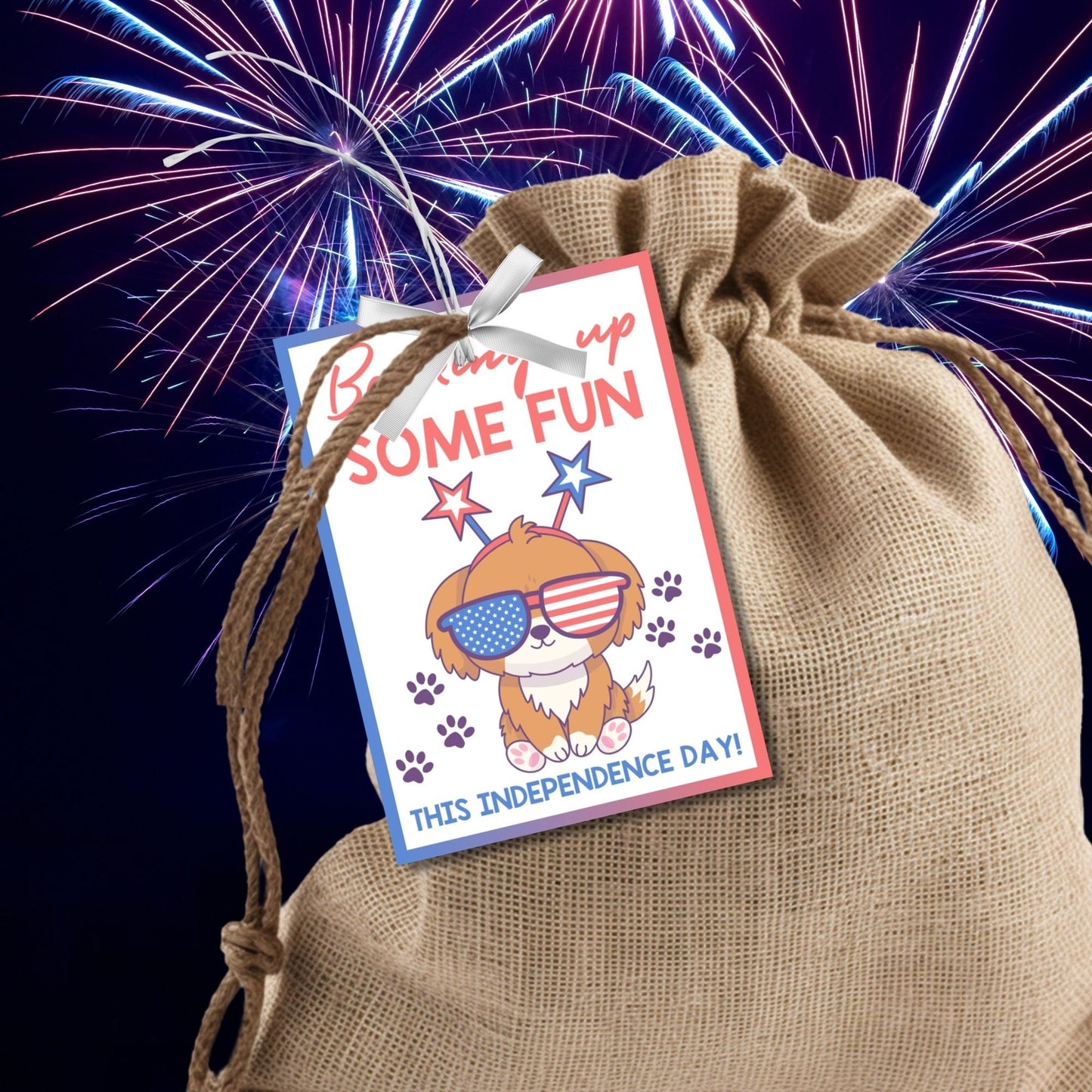 Festive 4th of July printable gift tags featuring patriotic colors, a cute dog with star glasses, and the message Barking Up Some Fun This Independence Day! Perfect for party favors and gifts.
