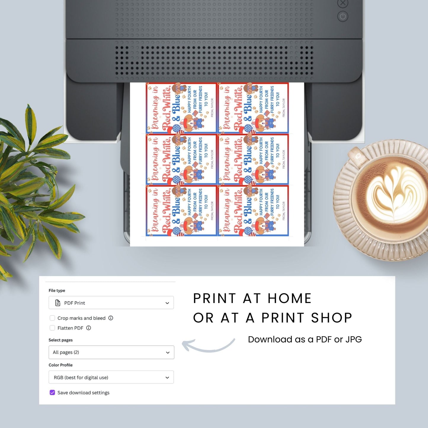 Festive 4th of July printable gift tags featuring patriotic colors, cute dogs, and the message Dreaming in Red, White, & Blue. Happy Fourth from Our Furry Friends to You! Perfect for party favors and gifts.