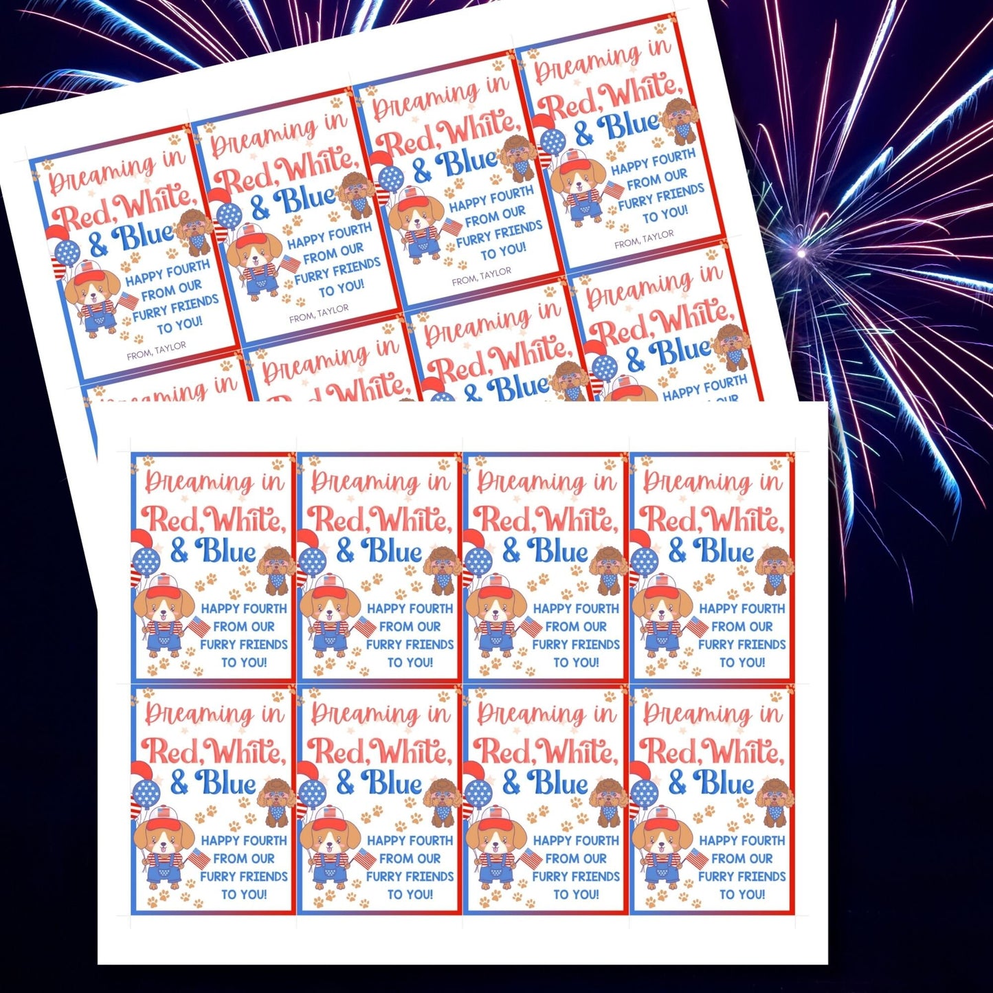 Festive 4th of July printable gift tags featuring patriotic colors, cute dogs, and the message Dreaming in Red, White, & Blue. Happy Fourth from Our Furry Friends to You! Perfect for party favors and gifts.