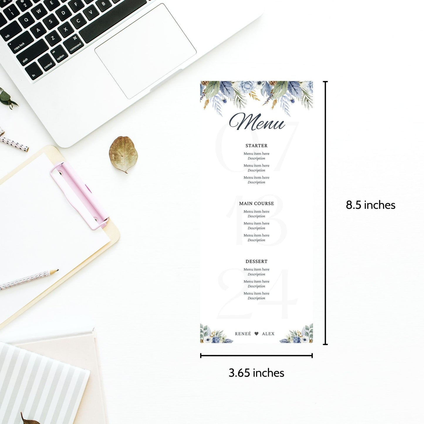 Editable wedding menu template featuring a floral design, sized at 3.65 x 8.5 inches. Perfect for weddings and receptions, this printable menu allows you to customize the text to fit your special day.