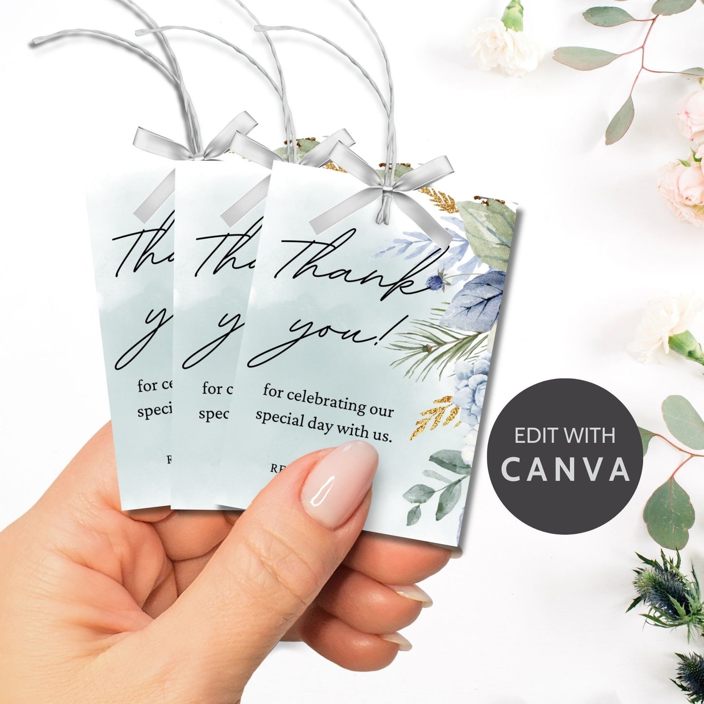 Elegant wedding thank you card template with customizable text fields. Features a beautiful floral design in blue and green tones. Sized 2.5 x 3.5 inches.