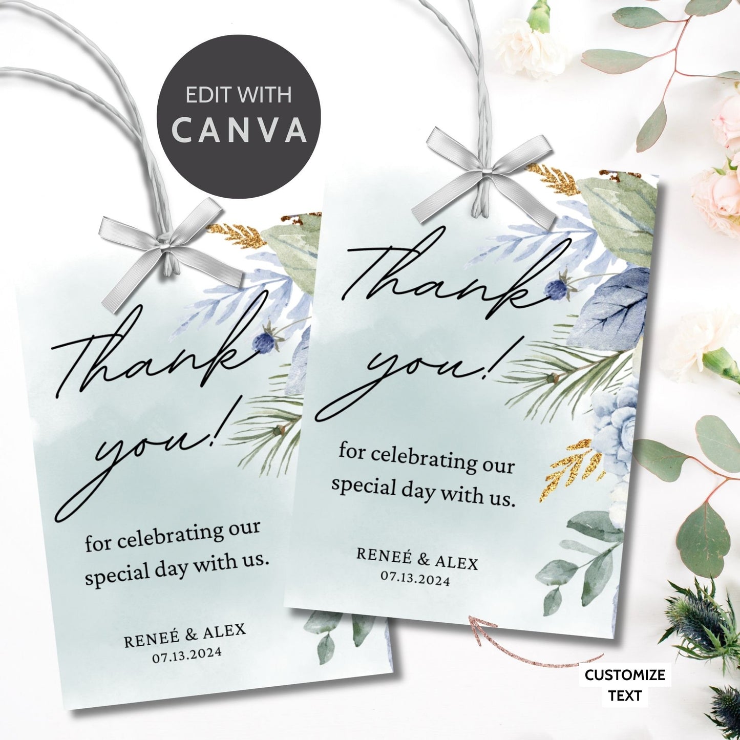 Elegant wedding thank you card template with customizable text fields. Features a beautiful floral design in blue and green tones. Sized 2.5 x 3.5 inches.