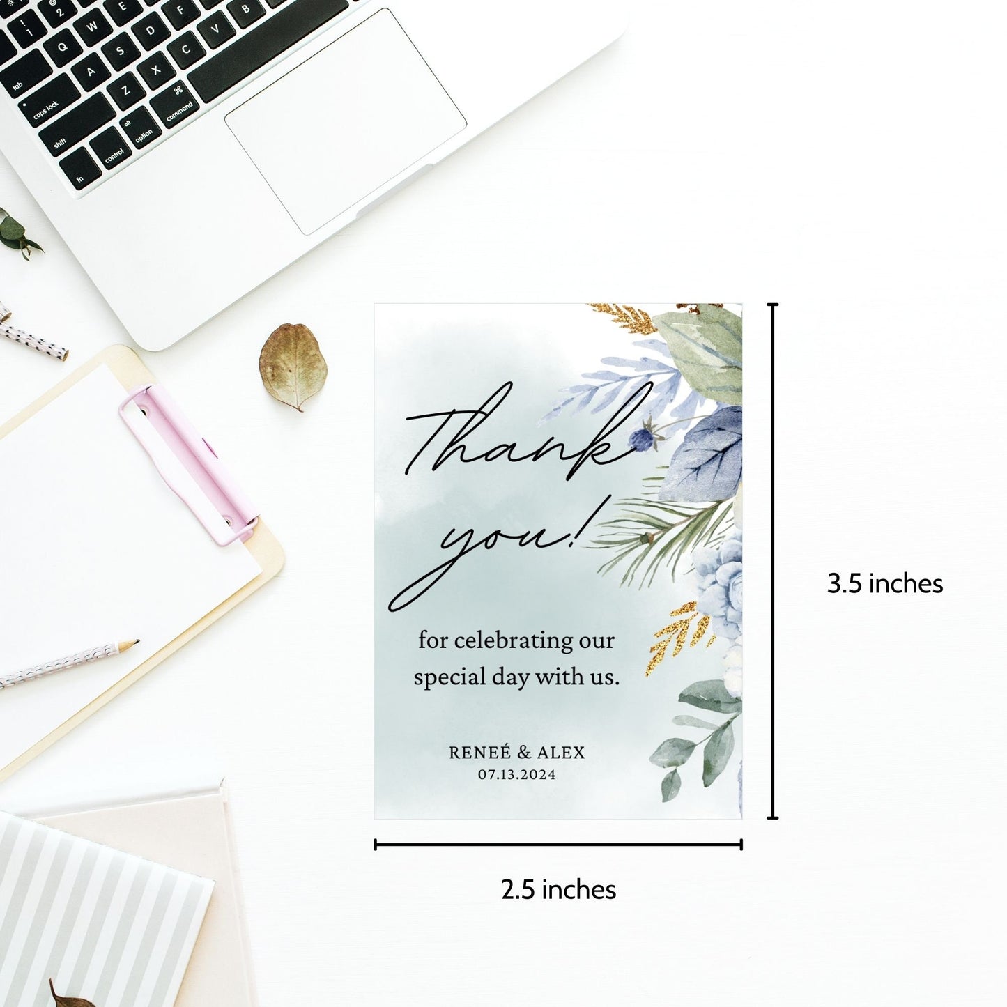 Elegant wedding thank you card template with customizable text fields. Features a beautiful floral design in blue and green tones. Sized 2.5 x 3.5 inches.
