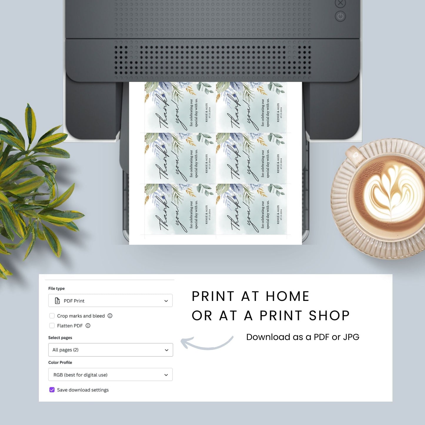 Elegant wedding thank you card template with customizable text fields. Features a beautiful floral design in blue and green tones. Sized 2.5 x 3.5 inches.