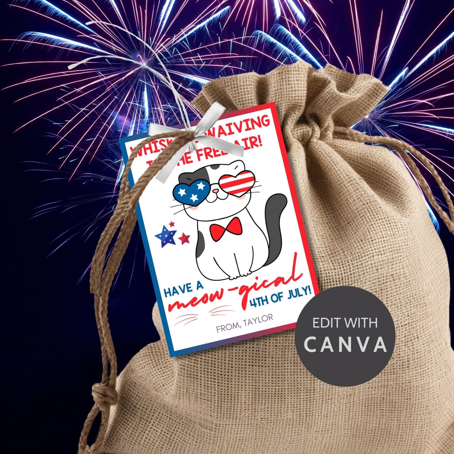 Festive 4th of July printable gift tags featuring patriotic colors, a cute cat with American flag glasses, and the message Whiskers Waiving in the Free Air! Have a Meow-gical 4th of July! Perfect for party favors and gifts.