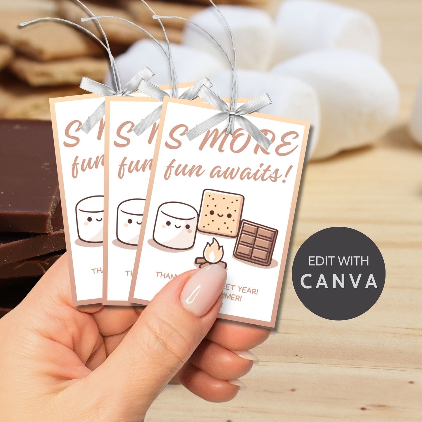 Fun summer gift tags featuring s'more ingredients (marshmallow, graham cracker, chocolate) with the text Smore Fun Awaits! Thanks for a Sweet Year! Enjoy the Summer! Personalize with names.