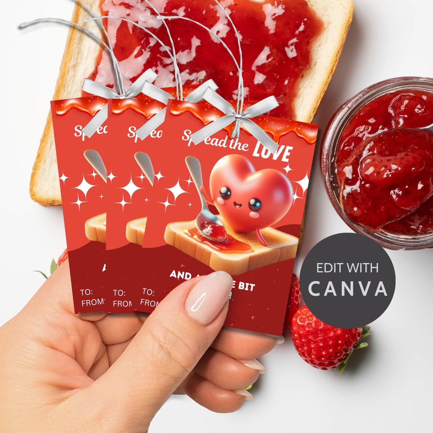 Eight vibrant, flirty jam gift tags with a cute heart character spreading jam on toast, captioned Spread the Love and a Little Bit of Jam! ready for printing or customizing via Canva. Perfect for teachers, nurses, staff, and more.