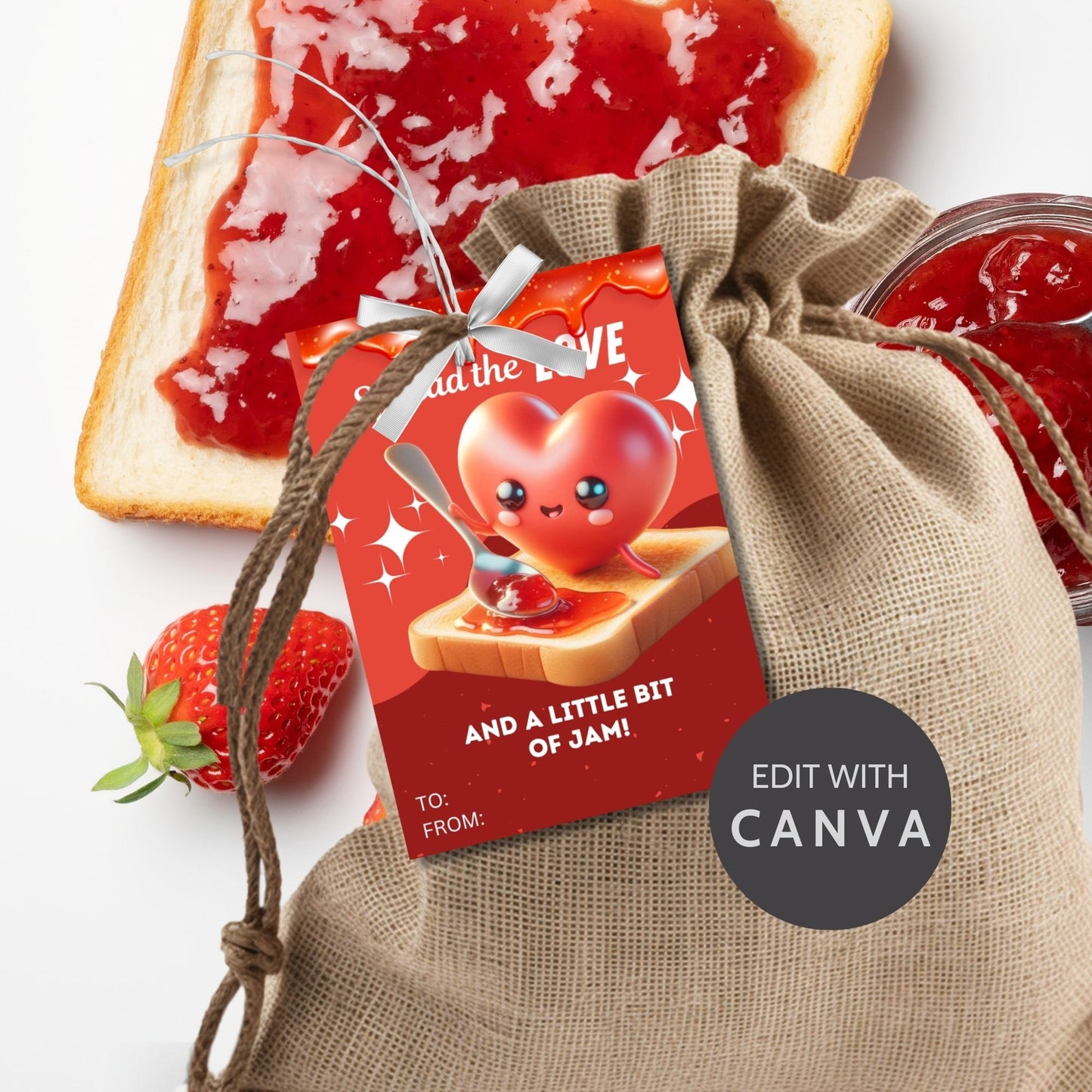 Eight vibrant, flirty jam gift tags with a cute heart character spreading jam on toast, captioned Spread the Love and a Little Bit of Jam! ready for printing or customizing via Canva. Perfect for teachers, nurses, staff, and more.