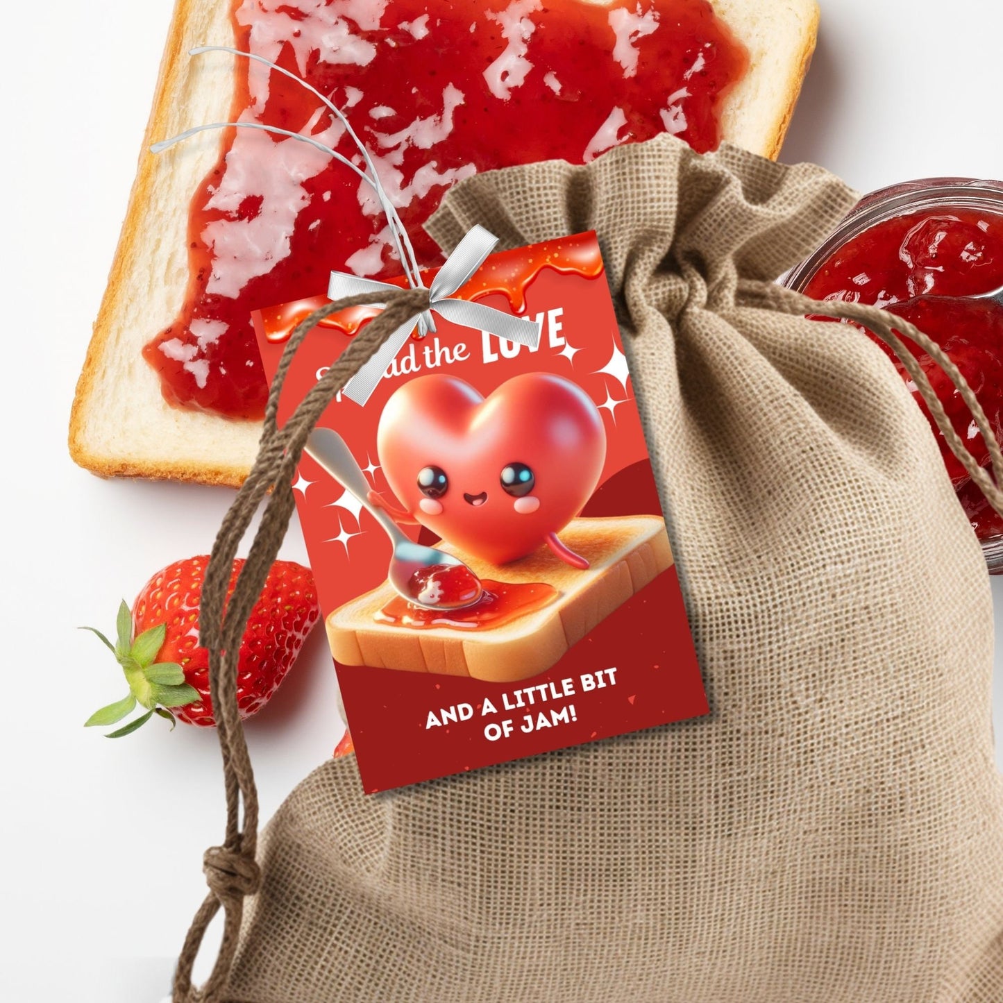 Eight vibrant, flirty jam gift tags with a cute heart character spreading jam on toast, captioned Spread the Love and a Little Bit of Jam! ready for printing or customizing via Canva. Perfect for teachers, nurses, staff, and more.