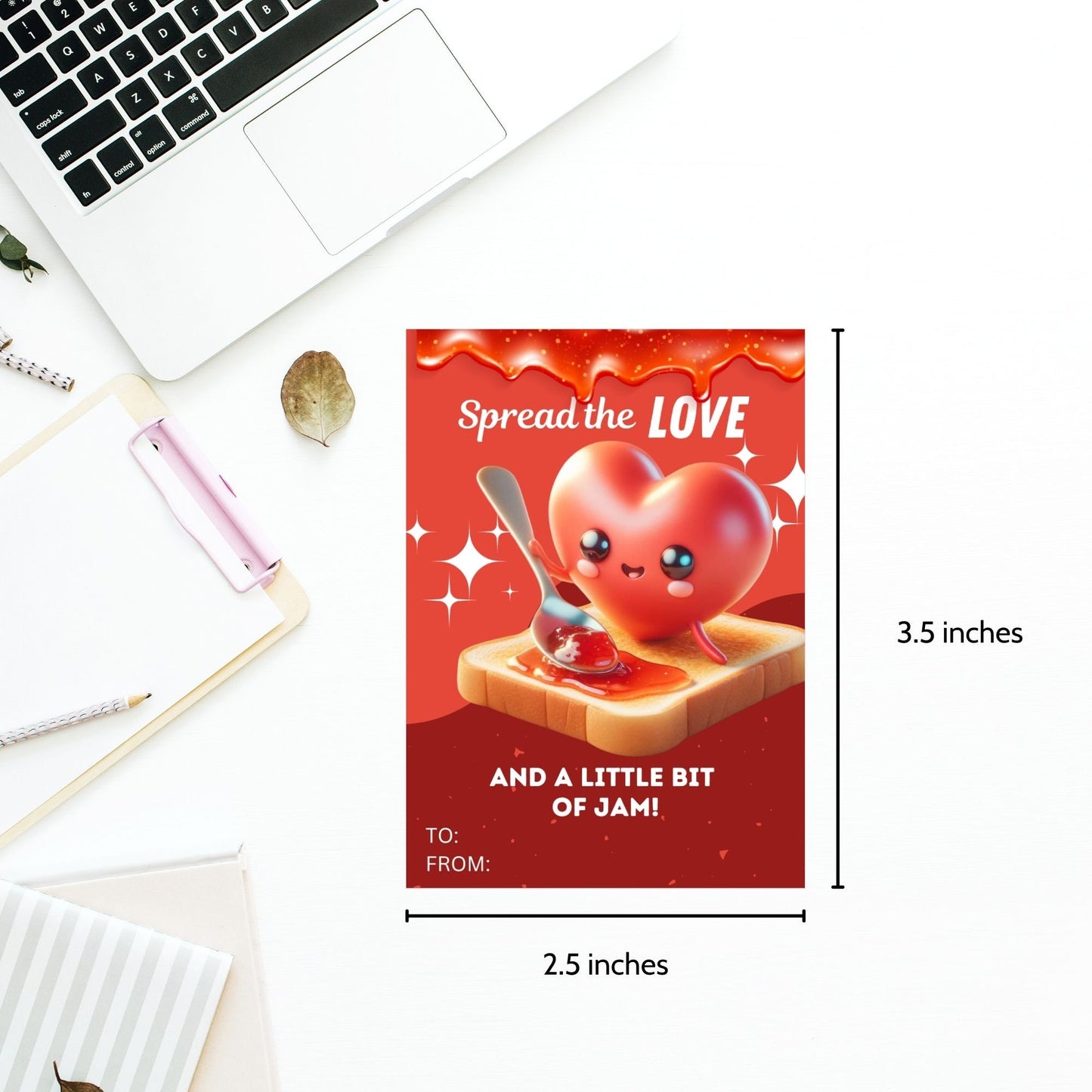 Eight vibrant, flirty jam gift tags with a cute heart character spreading jam on toast, captioned Spread the Love and a Little Bit of Jam! ready for printing or customizing via Canva. Perfect for teachers, nurses, staff, and more.