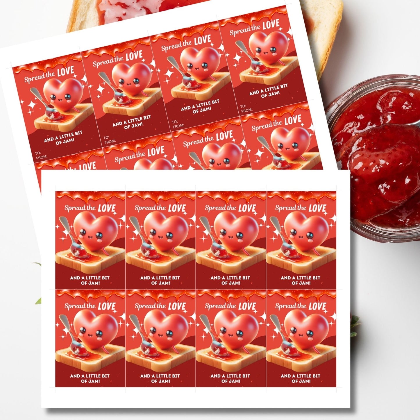 Eight vibrant, flirty jam gift tags with a cute heart character spreading jam on toast, captioned Spread the Love and a Little Bit of Jam! ready for printing or customizing via Canva. Perfect for teachers, nurses, staff, and more.