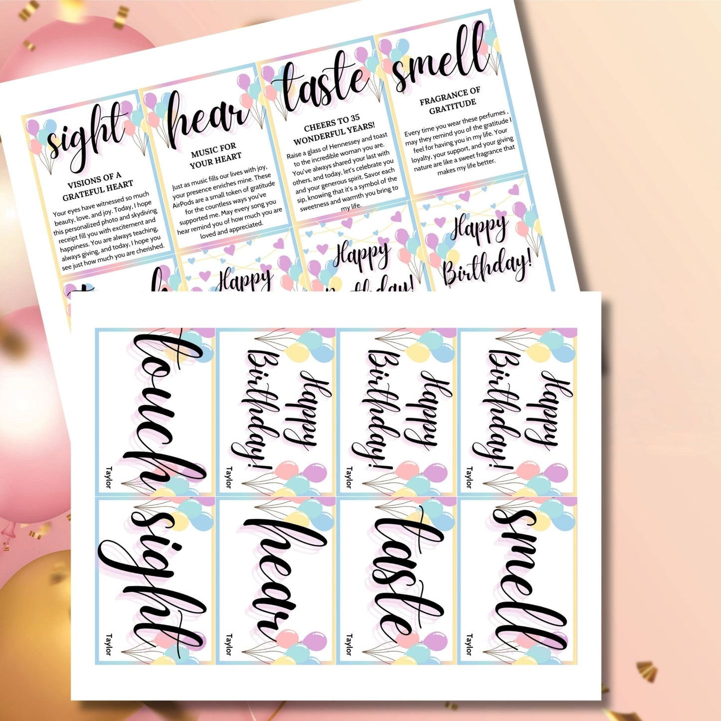 Customizable 5 Senses Birthday Gift Tags for teachers, nurses, employees, staff, bus drivers, and admin. Includes a PDF with an editable Canva template. Double-sided design with personalized descriptions and recipient's name.
