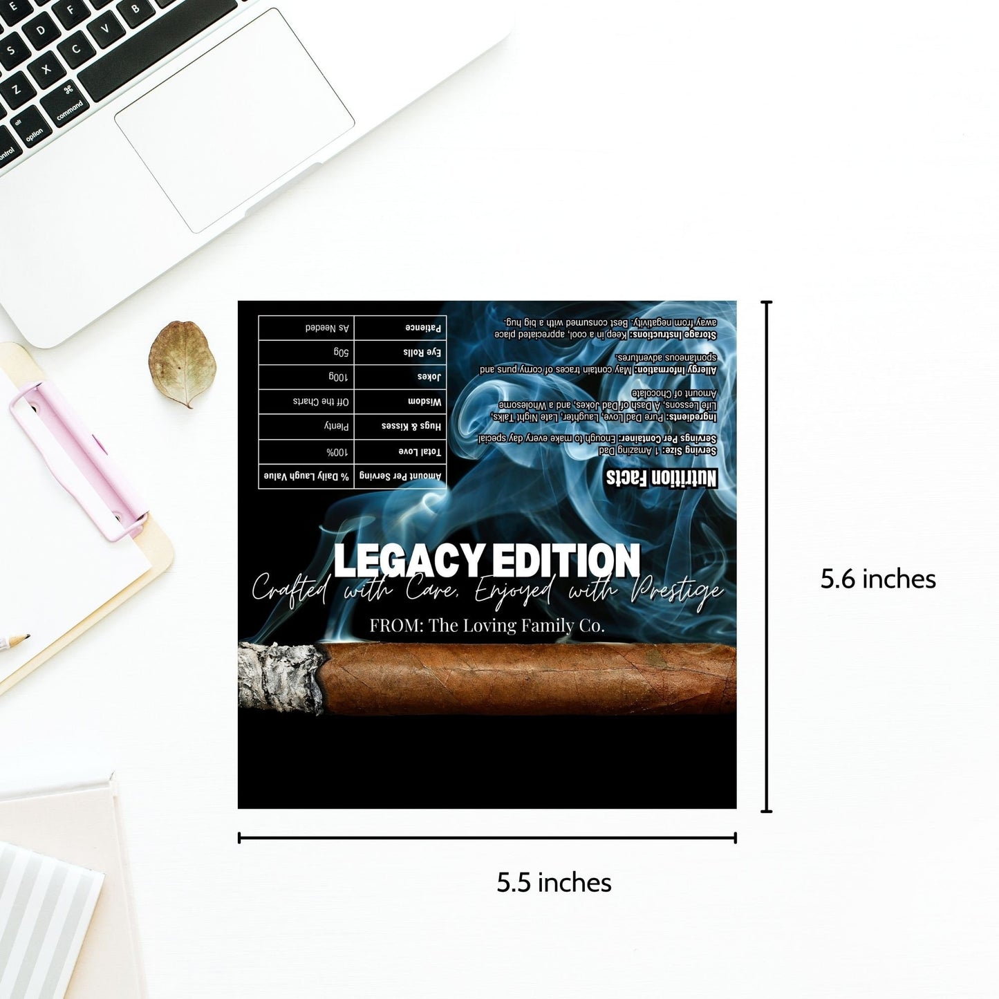 Image of a printable Fathers Day chocolate bar wrapper with a cigar design, featuring smoke swirls and titled LEGACY EDITION on a smokey background.