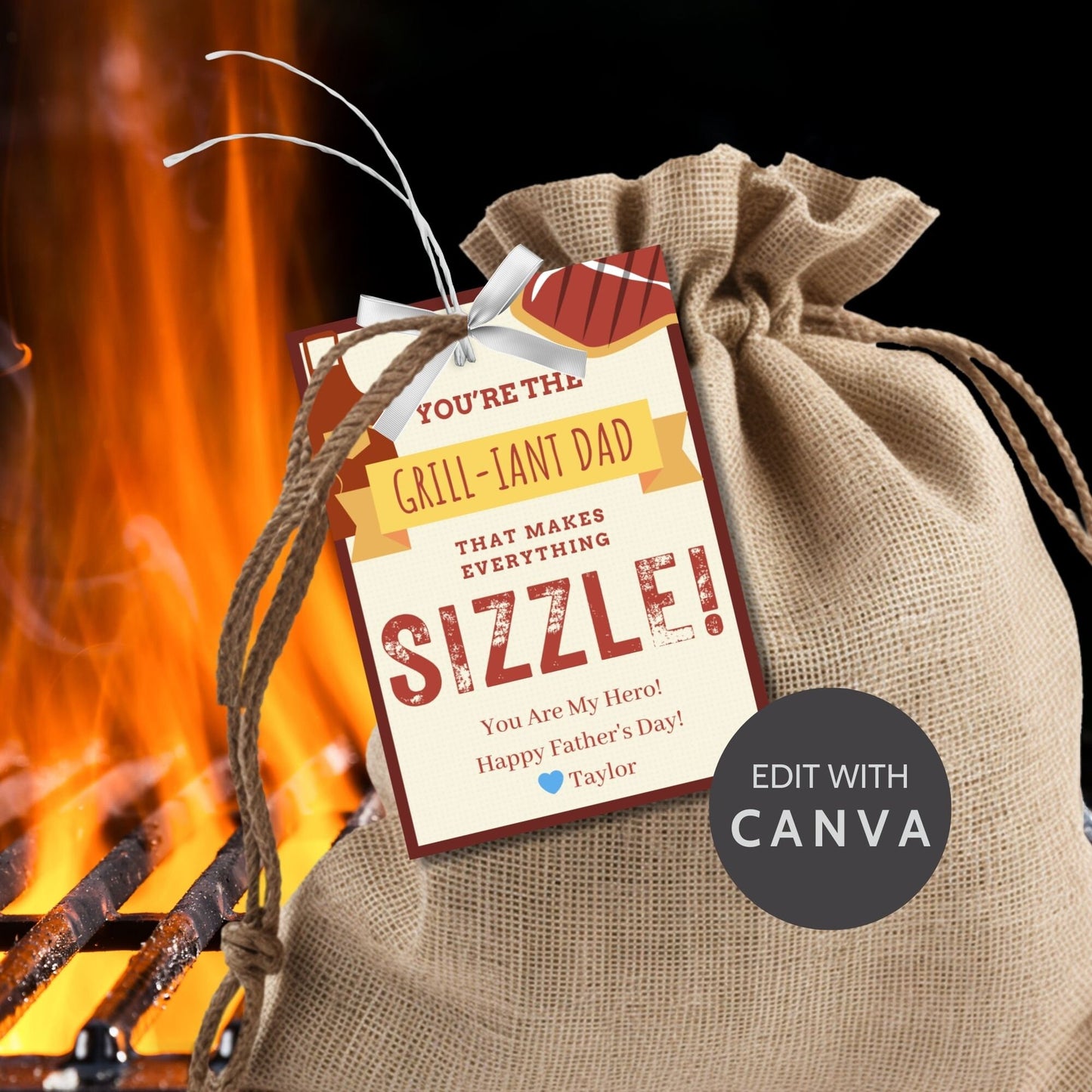 Eight grill-themed Fathers Day gift tags displayed in two rows of four. Each tag features a message about being the grill-iant dad that makes everything sizzle, with a customizable name slot.