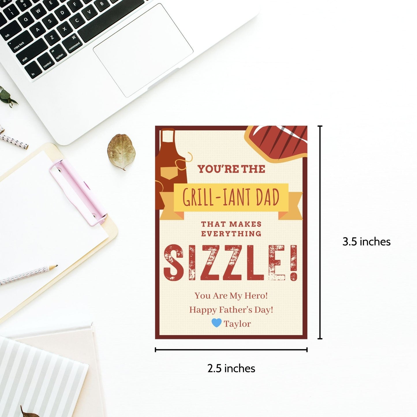 Eight grill-themed Fathers Day gift tags displayed in two rows of four. Each tag features a message about being the grill-iant dad that makes everything sizzle, with a customizable name slot.