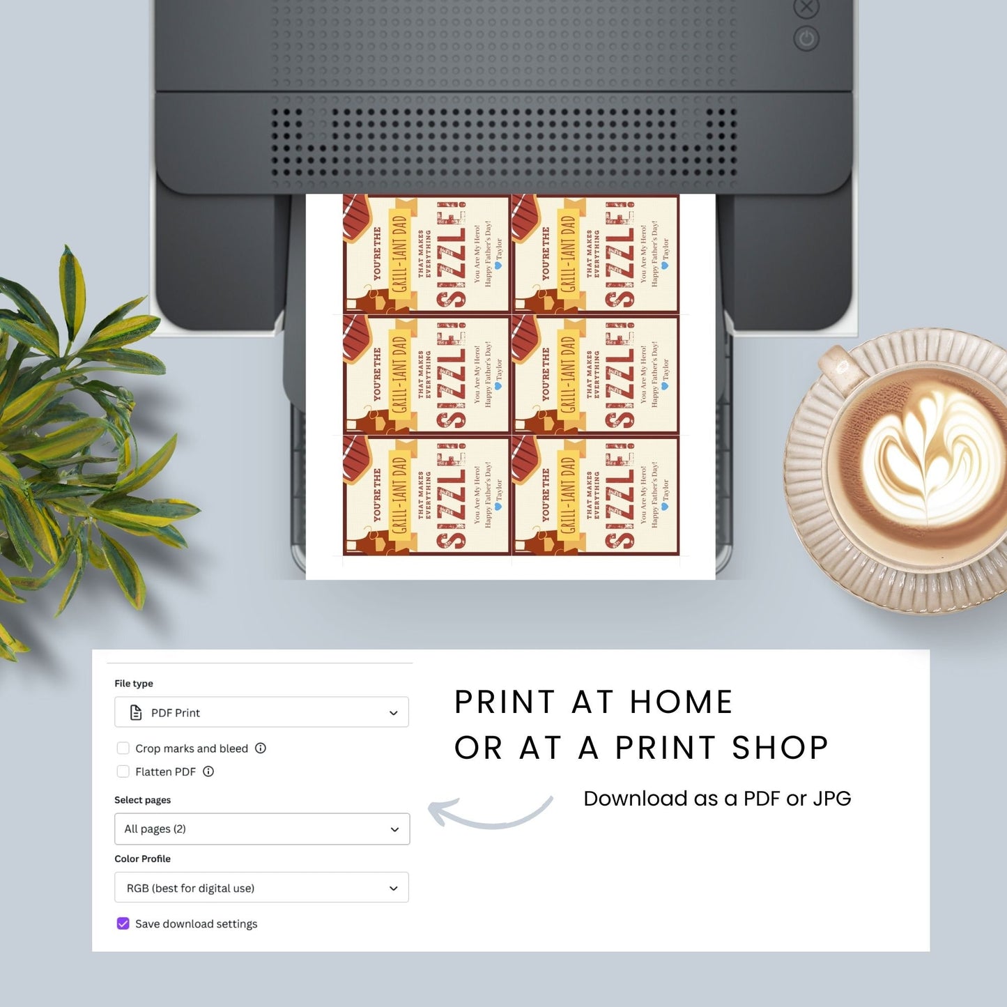 Eight grill-themed Fathers Day gift tags displayed in two rows of four. Each tag features a message about being the grill-iant dad that makes everything sizzle, with a customizable name slot.