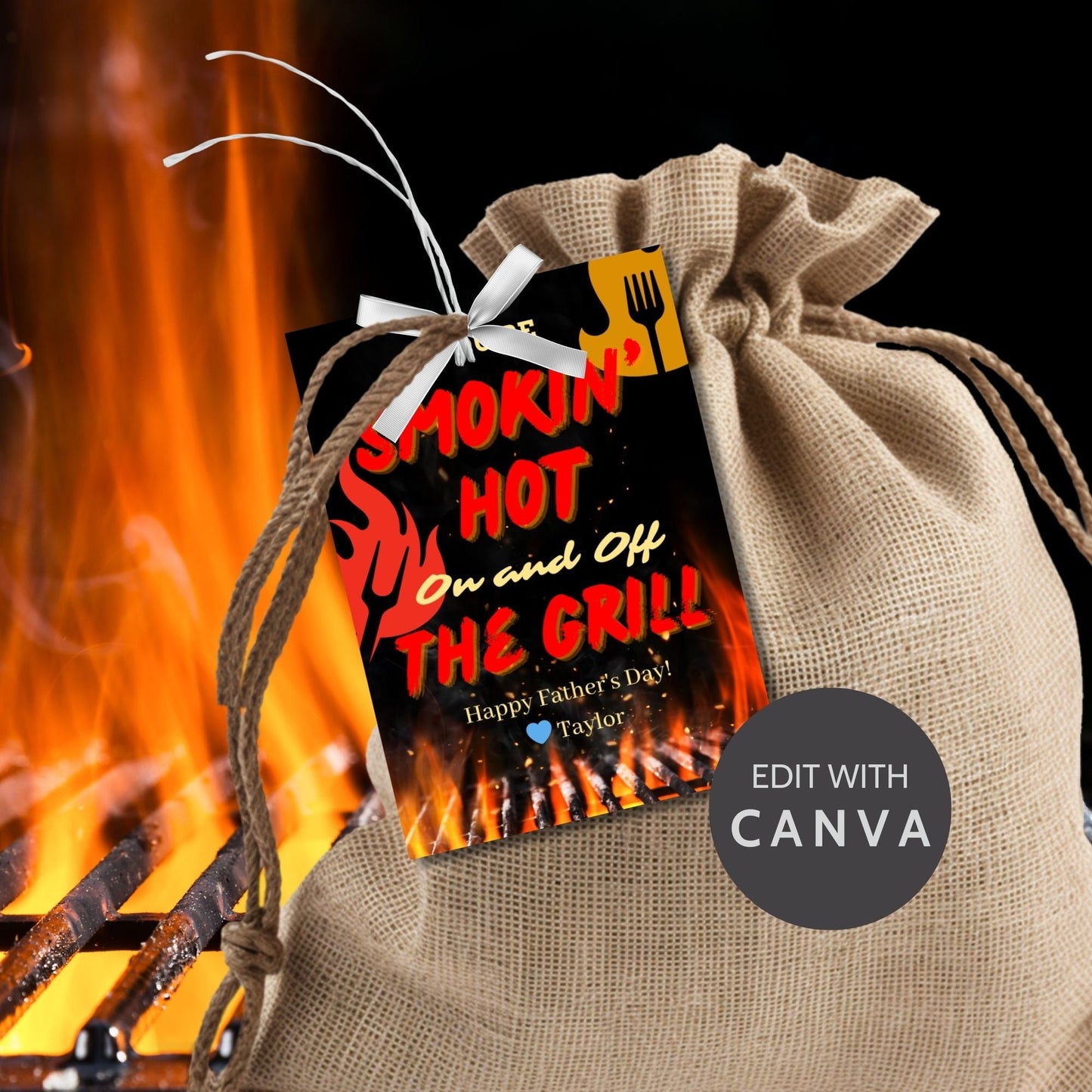 Eight smokin hot grill-themed Fathers Day gift tags displayed in two rows of four. Each tag features a message about being smokin hot on and off the grill, with a customizable name slot
