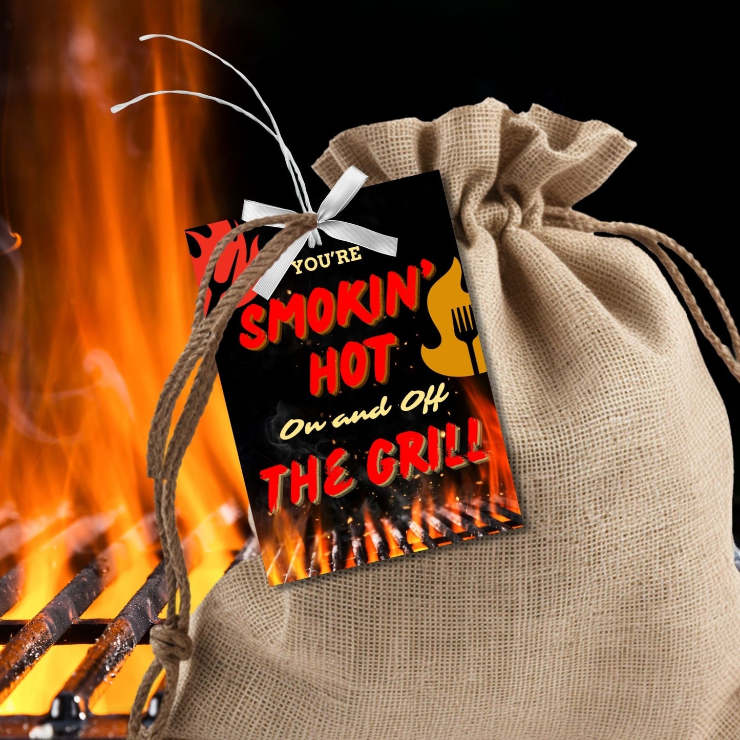 Eight smokin hot grill-themed Fathers Day gift tags displayed in two rows of four. Each tag features a message about being smokin hot on and off the grill, with a customizable name slot