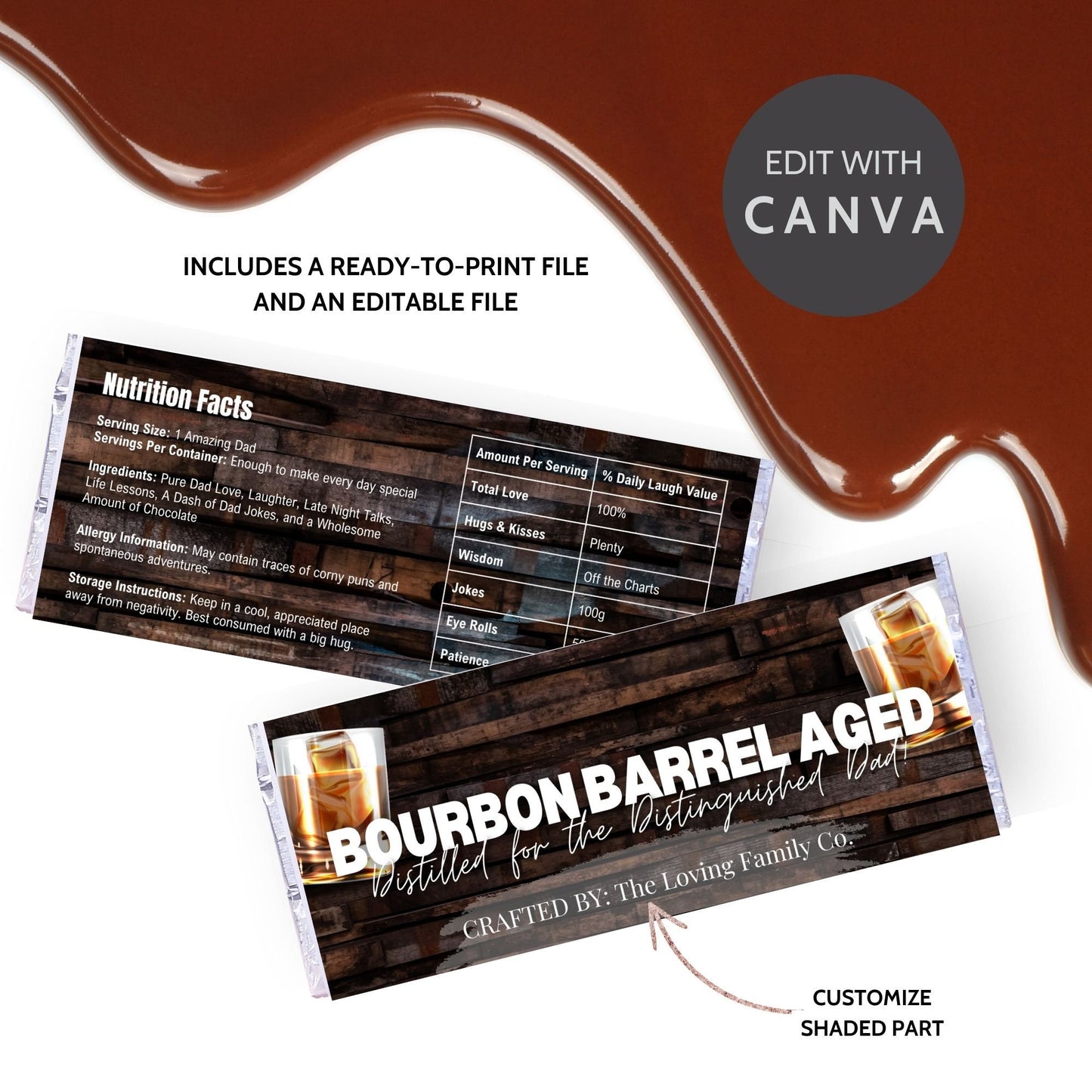 Image of a printable Fathers Day chocolate bar wrapper themed with a bourbon barrel background and a glass of bourbon, titled BOURBON BARREL AGED.