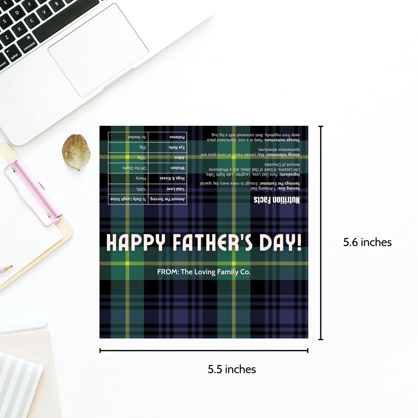 Image of a printable Fathers Day chocolate bar wrapper in a classic navy and green plaid design with the text HAPPY FATHERS DAY! on the front.