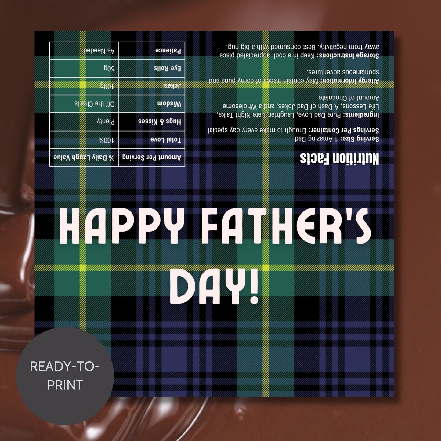 Image of a printable Fathers Day chocolate bar wrapper in a classic navy and green plaid design with the text HAPPY FATHERS DAY! on the front.