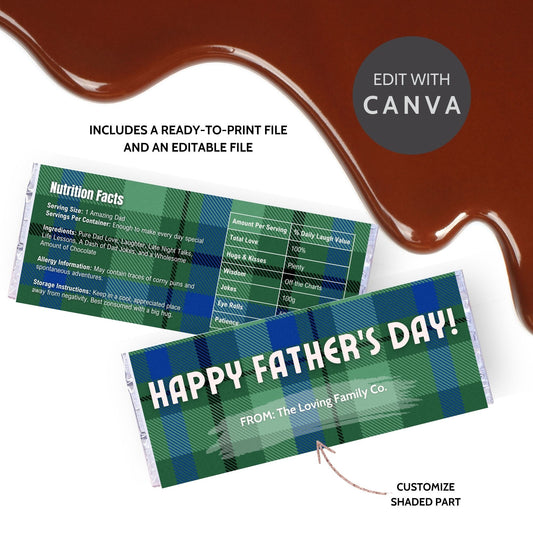 Image of a printable Father's Day chocolate bar wrapper featuring a classic blue and green plaid design with the greeting "HAPPY FATHER'S DAY!" prominently displayed.