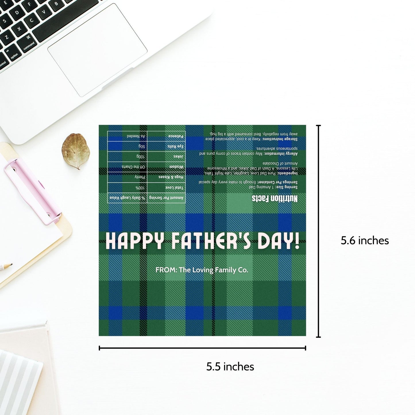 Image of a printable Father's Day chocolate bar wrapper featuring a classic blue and green plaid design with the greeting "HAPPY FATHER'S DAY!" prominently displayed.