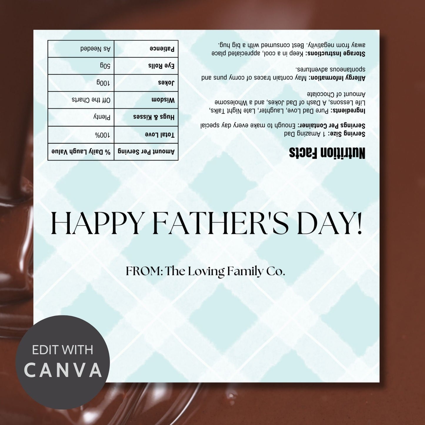 Image of a printable Fathers Day chocolate bar wrapper in a pastel blue checkered pattern with HAPPY FATHERS DAY! written boldly across the front.