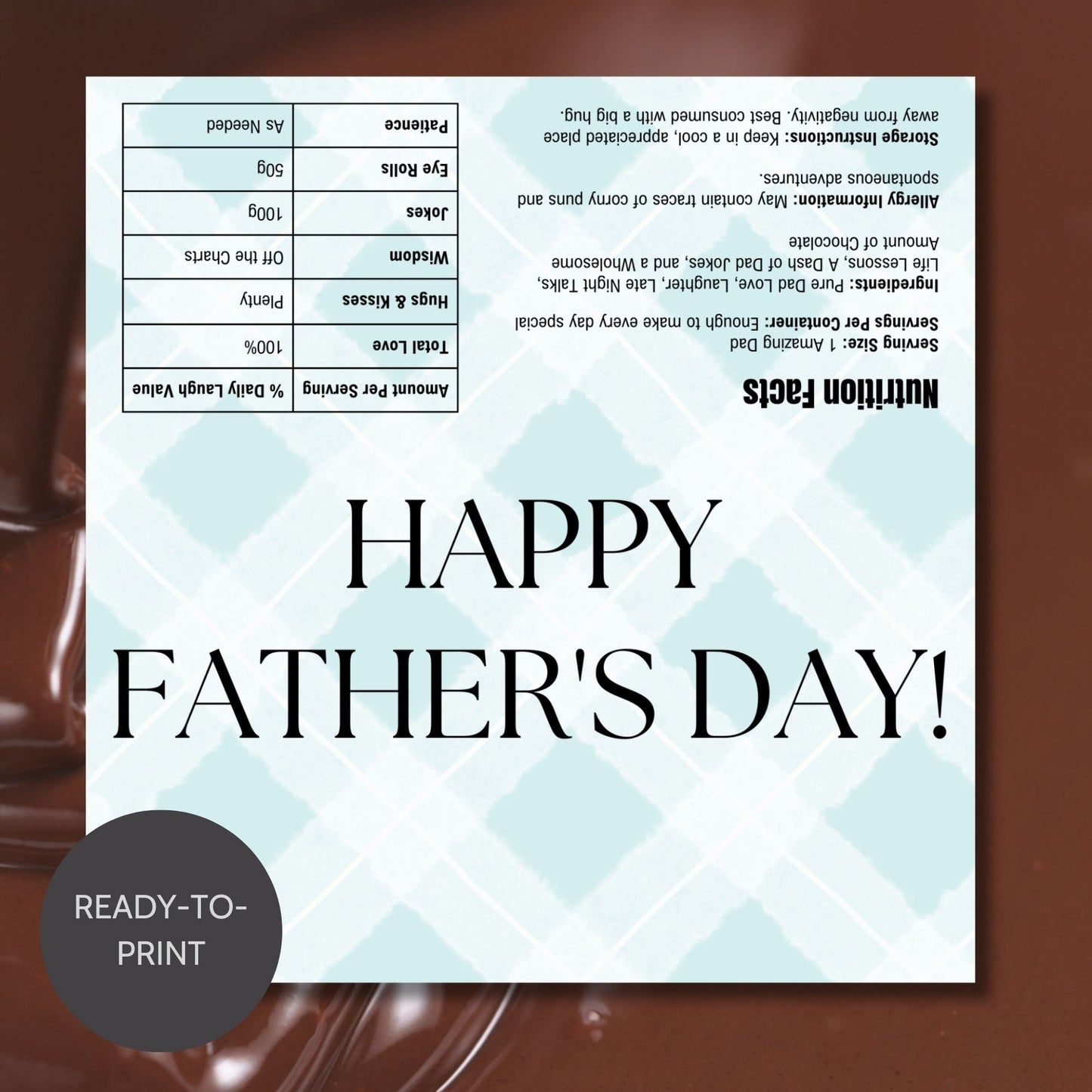Image of a printable Fathers Day chocolate bar wrapper in a pastel blue checkered pattern with HAPPY FATHERS DAY! written boldly across the front.