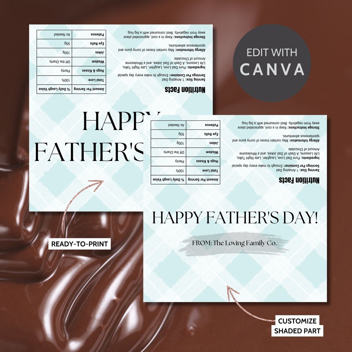 Image of a printable Fathers Day chocolate bar wrapper in a pastel blue checkered pattern with HAPPY FATHERS DAY! written boldly across the front.