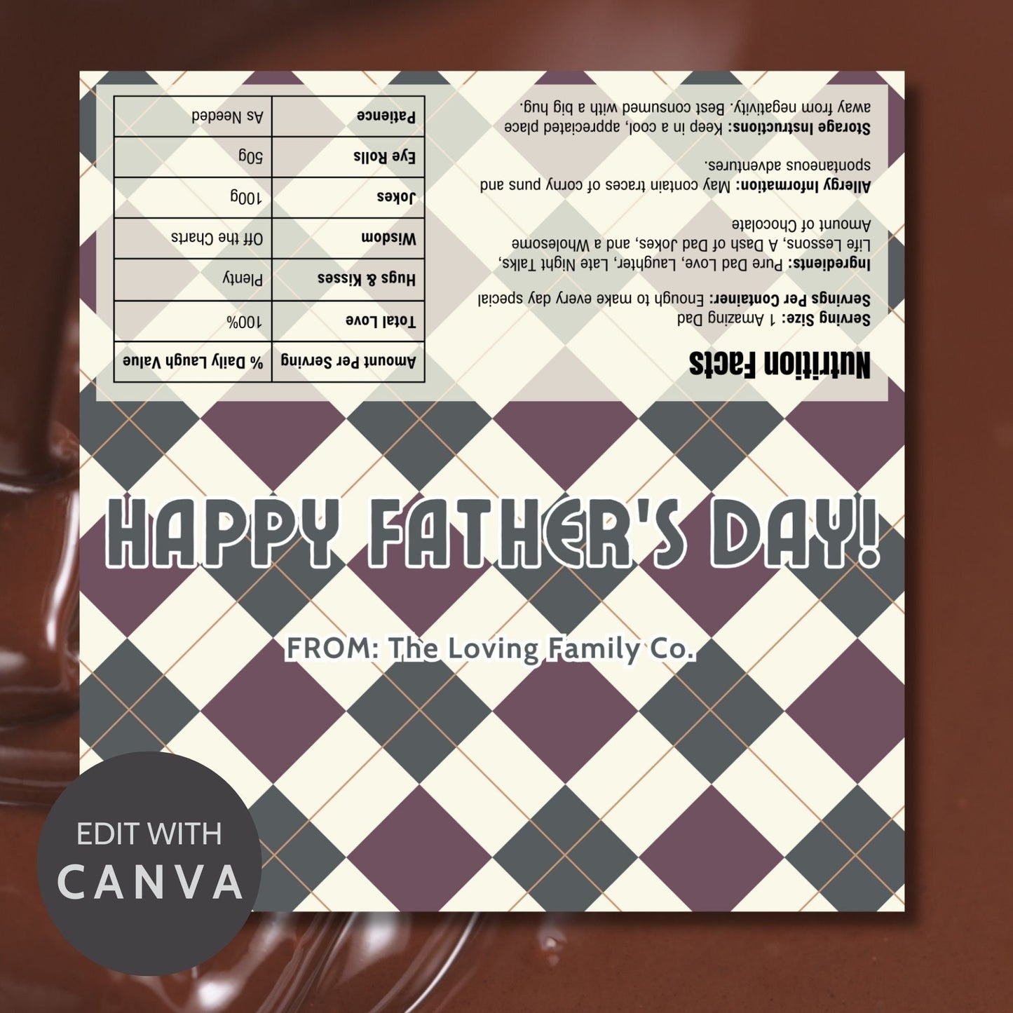 Image of a printable Father's Day chocolate bar wrapper in a sophisticated forest green and maroon plaid design with the greeting "HAPPY FATHER'S DAY!" prominently displayed.
