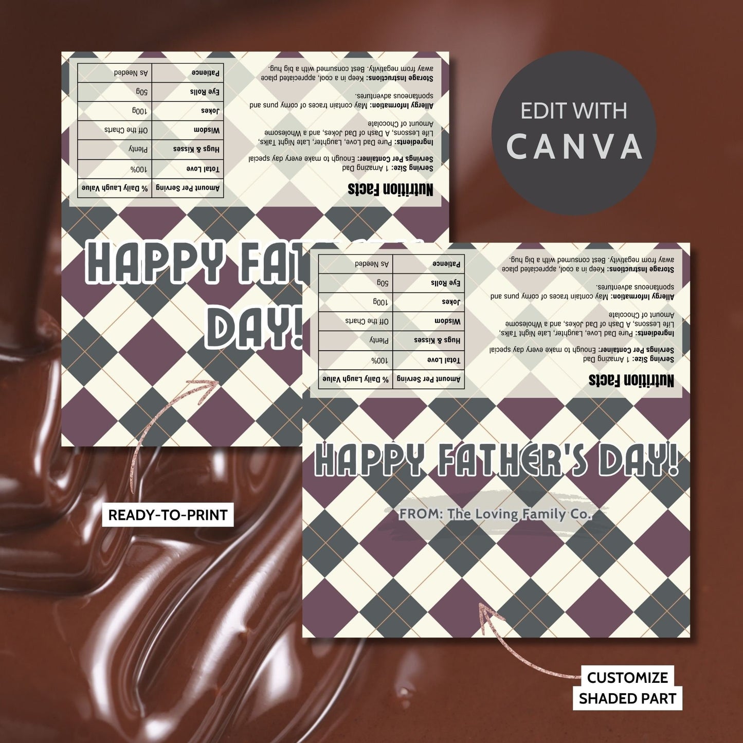 Image of a printable Father's Day chocolate bar wrapper in a sophisticated forest green and maroon plaid design with the greeting "HAPPY FATHER'S DAY!" prominently displayed.