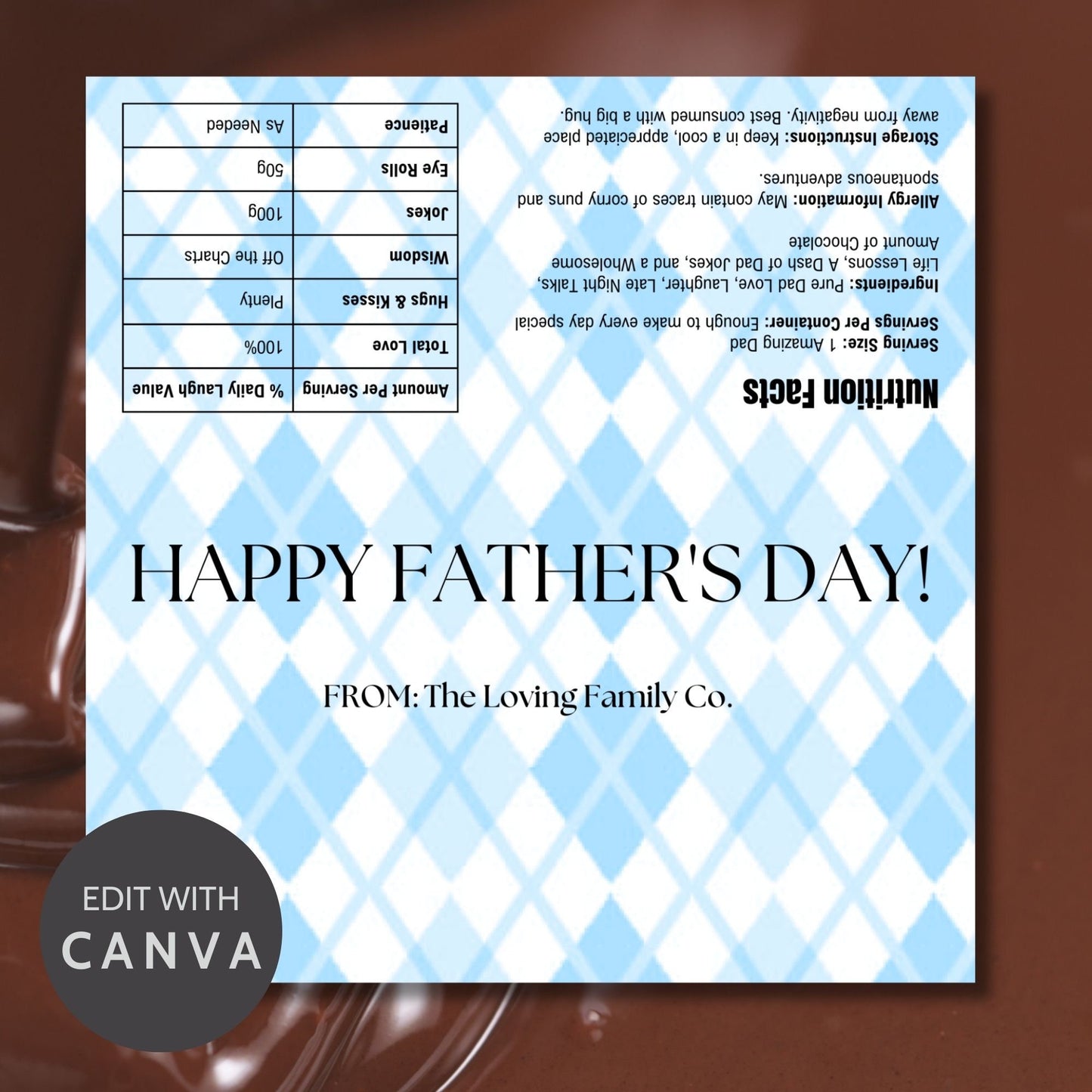 Image of a printable Fathers Day chocolate bar wrapper in a light blue plaid design with the text HAPPY FATHERS DAY! prominently displayed.